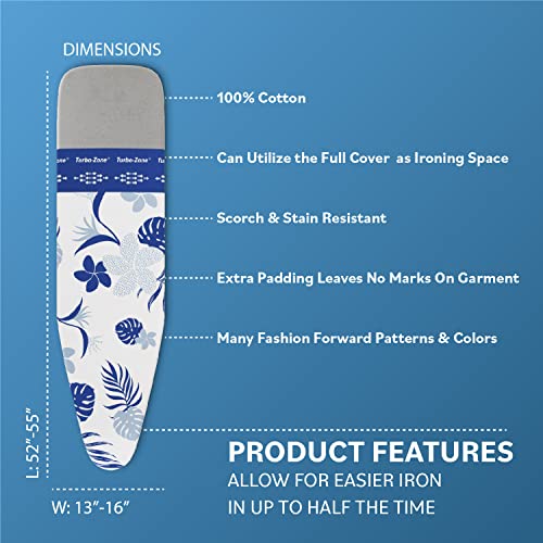 Bartnelli Ironing Board Cover and Pad, Made in Europe with New Patent Technology | 54x15 Iron Board Replacement Cover Featuring Park & Turbo Zone, Scorch Resistant 100% Cotton Thick Layered Top - color: Blue Flowers