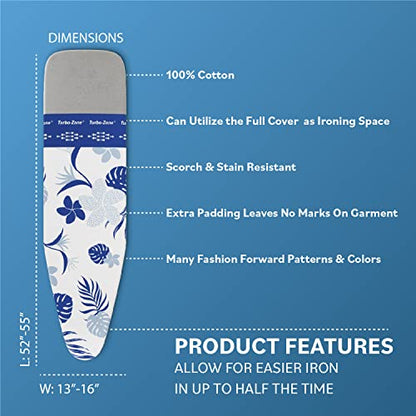 Bartnelli Ironing Board Cover and Pad, Made in Europe with New Patent Technology | 54x15 Iron Board Replacement Cover Featuring Park & Turbo Zone, Scorch Resistant 100% Cotton Thick Layered Top - color: Blue Flowers