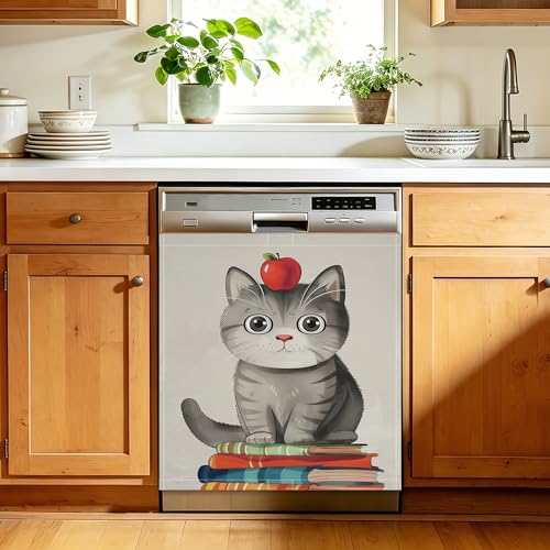 Cute Book Cat Dishwasher Front Panel Cover, 23 x 26 Inch Magnetic Door Sticker, Reusable Easy Clean Appliance Decor for Fridge Door - color: Cute Book Cat