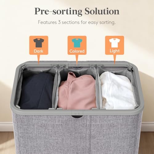 Lifewit 185L 3 Section Laundry Hamper with Lid, Laundry Basket, Light Gray - color: Light Gray, size: 185L