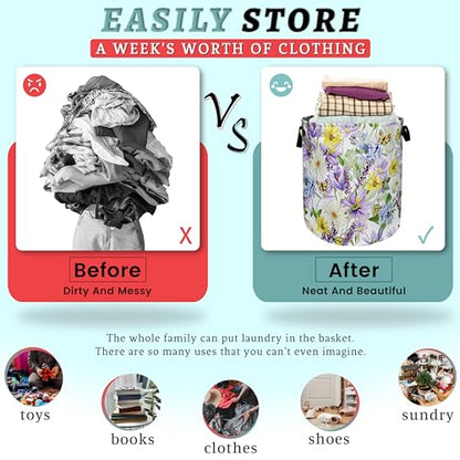 Purple Flower Butterfly Laundry Basket Oxford Cloth Hamper 18.9"x16.5" - color: Purple Flower With Yellow Butterfly
