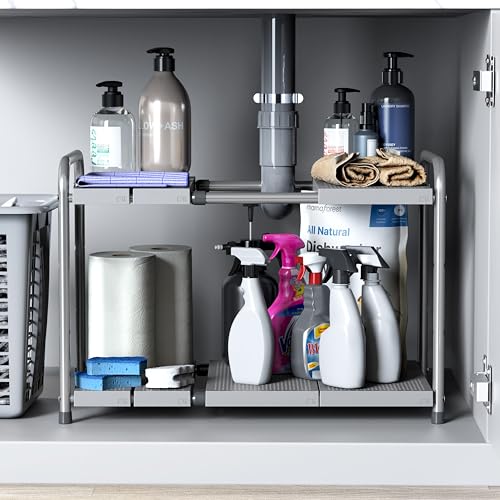 Simple Houseware Under Sink 2-Tier Heavy Duty Expandable Organizer, Silver - color: Silver