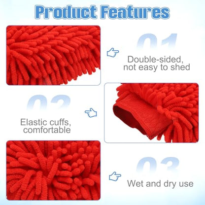 HARFINGTON 2pcs Chenille Microfiber Car Wash Mitts 10" x 7.5" Scratch Free Wash Gloves Absorbent Double Sided Plush Cleaning Drying Mitts for Car Washing Home Clean Red - color: Red