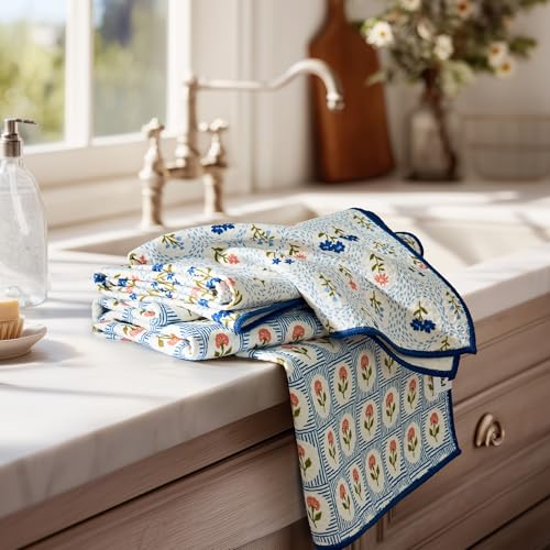 RECYCO Waffle Kitchen Towel Set of 2 - Quick Dry Microfiber Sustainable Dish Towels - Ultra Absorbent Reusable Cleaning Tea Towels - Lightweight Hand Towels,16”x 28”, Bloom Tiles - color: Bloom Tiles