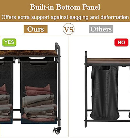 Double Laundry Hamper with Wheels & 2 Pull Out Section Removable Bags, Extra Large Dual Rolling Laundry Sorter Basket Organizer with Shelf for Bathroom, Bedroom, Laundry Room, 2 x 9Gal, Black