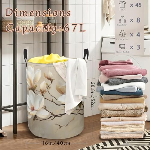 Vintage Magnolia Flower Laundry Basket,Foldable Oxford Cloth Laundry Hamper with Handles Waterproof Dirty Clothes Storage Basket for Bathroom Bedroom Dorm Room 16" x 20.8" - color: Vintage Magnolia Flower