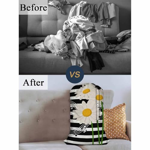 Swono Music Notes Storage Heavy Duty Basket Laundry Bag with Drawstring Daisies On Striped Bouquet Folding Organizer for Travel Washing Machine - color: Music Notes