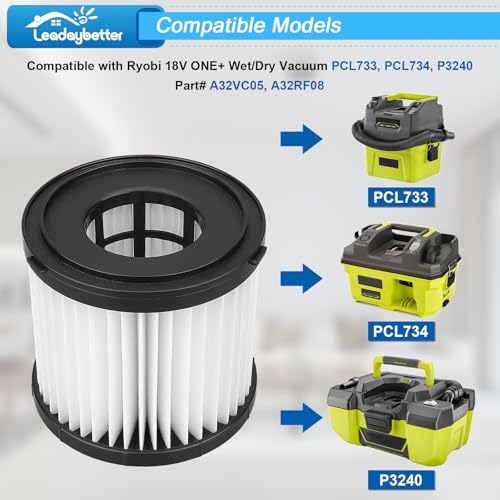 Leadaybetter Filter Replacement for Ryobi 18V ONE+ Wet/Dry Vacuum PCL733