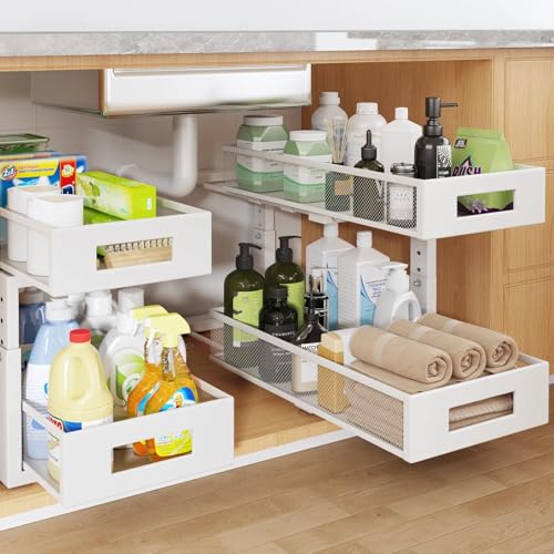 2 Packs 19IN Depth Under Sink Organizer, 2-Tier Pull Out Cabinet Organizer With Smooth Circular Rail, Large Capacity Metal Mesh Sliding Drawers For Bathroom& Kitchen Storage,Height Adjustable –White - color: White, size: 2 Pack-19"Dx11.6"-16.7" H