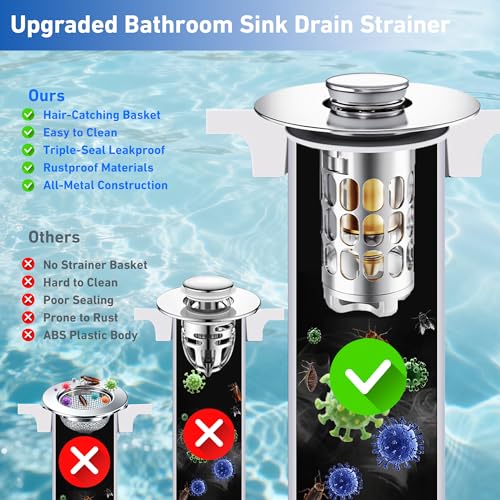[2 Pack] Universal 3 in 1 Bathroom Sink Stopper, All Metal Pop-Up Bathroom Sink Drain Strainer with Removable Brass Basket Hair Catcher, Sink Plug for 1.1 to 1.6in Drain Holes