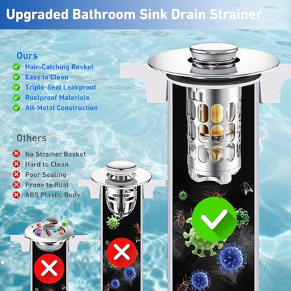 [2 Pack] Universal 3 in 1 Bathroom Sink Stopper, All Metal Pop-Up Bathroom Sink Drain Strainer with Removable Brass Basket Hair Catcher, Sink Plug for 1.1 to 1.6in Drain Holes