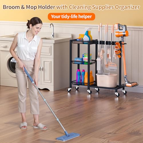 Broom Holder with Cleaning Supplies Organizer, 30.7"Wx11.8"Dx34.6"H - size: 30.7"Wx11.8"Dx34.6"H