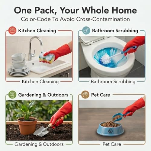 ForPro Natural Rubber Gloves, 6 Pairs Reusable Multi-Purpose Household Cleaning Gloves with Soft Inner Lining, Waterproof & Chemical-Resistant, Wild Cherry, Medium - color: Wild Cherry, size: Medium