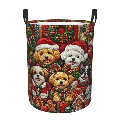 Christmas Dog Laundry Basket Foldable Oxford Laundry Hamper With Handle For Room Bathroom Bedroom - color: Christmas Dog