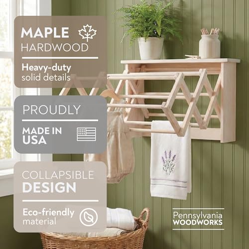 Pennsylvania Woodworks Extra Large Wall Clothes Drying Rack ~ Heavy Duty Solid Maple Hardwood, Folding, Collapses to 35" x 20" x 8", Hand Built in USA, Unfinished - color: X-large Fold Out