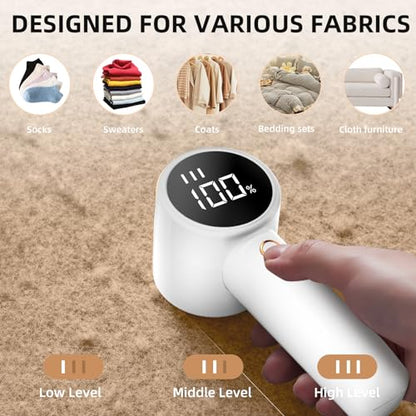 Fabric Shaver, Lint Remover Rechargeable, Electric Portable Sweater Defuzzer with 3 Speeds, 6 Leaf Blades, Digital LED Display to Remove Pilling for Clothes, Furniture, Sweater, Couch, Blanket - color: White