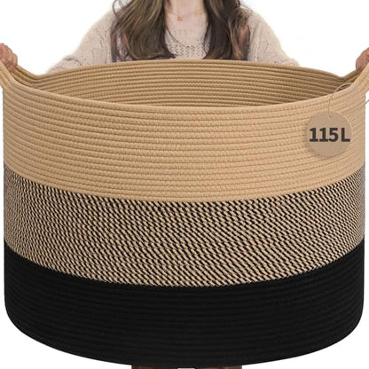 INDRESSME 115L Extra Large Woven Rope Blanket Basket Living Room - color: Camel Mix & Black, size: 23.6"D x 15.7"H