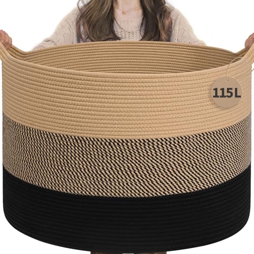 INDRESSME 115L Extra Large Woven Rope Blanket Basket Living Room - color: Camel Mix & Black, size: 23.6"D x 15.7"H
