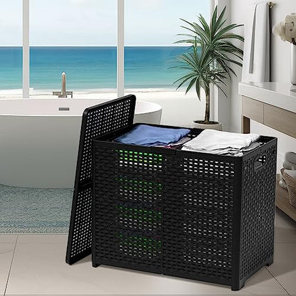 Asking 80L Collapsible 2 Section Divided Clothe Hamper, Black