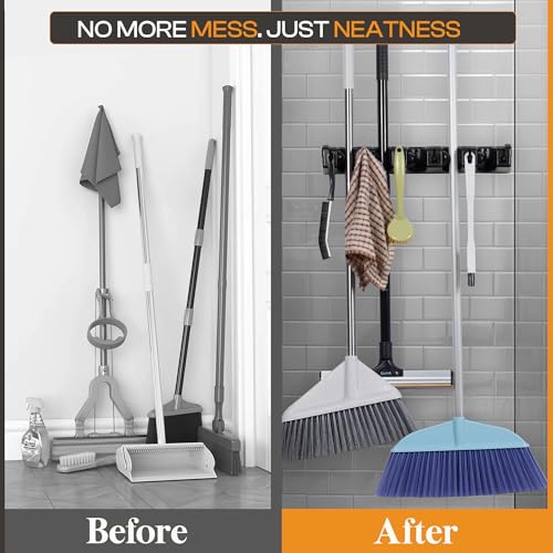 ABS Plastic Broom Holder Wall Mount, 5 Slots & 6 Hooks - size: 5 Slots & 6 Hooks