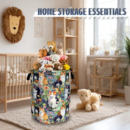 Watercolor Cats Laundry Hamper Oxford Cloth Basket 18.9"x16.5" - color: Watercolor Cute Animal Cats