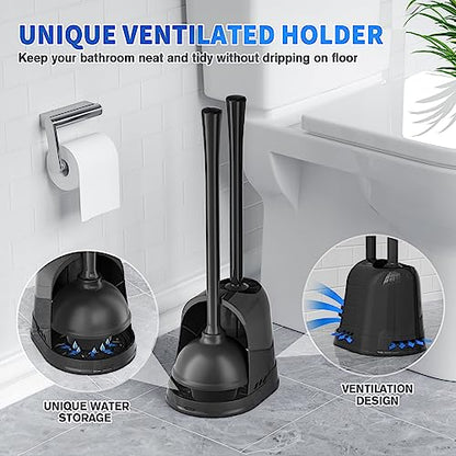 LOVLOY Toilet Plunger and Brush, Silicone Bowl Brush and Heavy Duty Toilet Plunger Set with Ventilated Holder, 2-in-1 Toilet Brush and Plunger Combo for 5.3-inch Toilet Drain Bathroom Cleaning - color: Black