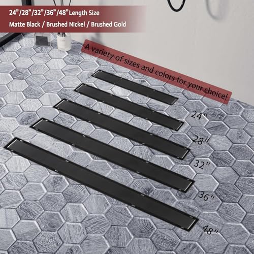 28-Inch Linear Shower Drain, 2-in-1 Reversible Tile Insert Grate, Black 304 Stainless Steel Floor Drain with Hair Strainer & Leveling Feet, Modern Bathroom Shower (Drain Base Not Included) - color: Matte Black, size: 28 inch