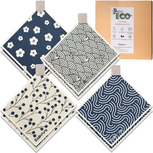 Eulnars Swedish Dishcloths for Kitchen, 8 Pack Japanese Pattern Reusable Paper Towels with Clips, Non-Scratch Swedish Dish Towels, Super Absorbent Cellulose Dish Cloths, No Odor - color: Japanese