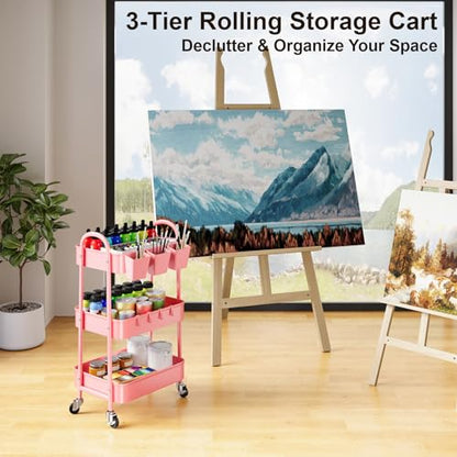 3 Tier Metal Rolling Cart with Lockable Wheels and Handle,Three Tiered Cart - color: Fashion Pink, size: 3 tier