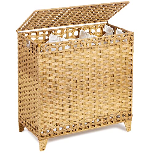 Laundry Hamper with 3 Removable Liner Bags, 132L Laundry Sorter with Lid - color: Natural, size: 132L-3 Section