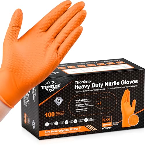 TitanFlex Heavy Duty Orange Nitrile Gloves, 6 Mil, Raised Diamond Texture, Mechanic Disposable Gloves, Latex Free Powder Free - color: 04 6mil (100ct), size: X-Large
