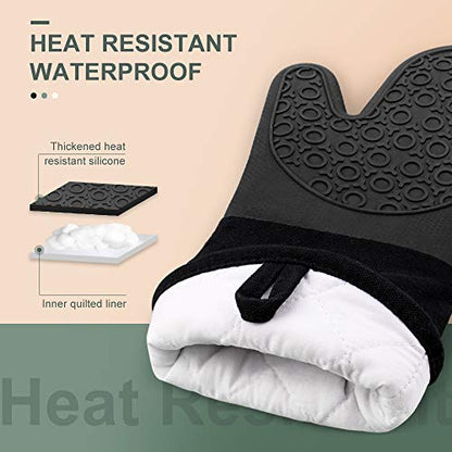 Oven Mitts and Pot Holders Set, Extra Long Silicone Oven Gloves for Kitchen - color: Black, size: 14.6in Oven Mitts Set