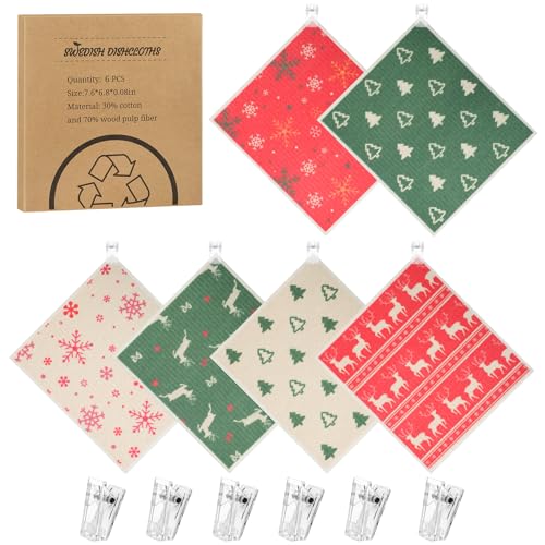 6 Pack Christmas Swedish Dishcloths for Kitchen, Snowflake Elk Xmas Tree Reusable Paper Towels with Adhesive Clips, Stocking Stuffers for Adults Absorbent Cellulose Sponge Cloths for Cleaning Kitchen - color: Green Christmas Tree
