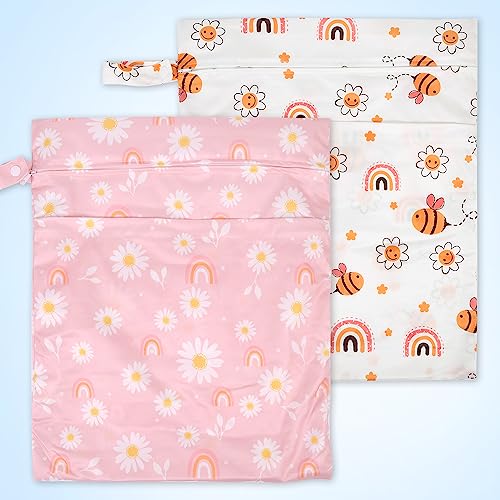 2pcs Travel Waterproof Laundry Bag, Cloth Diaper Wet Dry Bags with Handle & 2 Zipper Pockets, Reusable Washable Dirty Clothes Bag for Baby Adult Travelling Hanging, Bathing Beach Pool Daycare - color: Cartoon 1 White + Pink