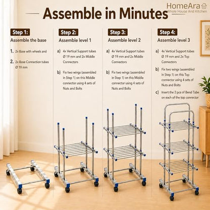 Heavy Duty Foldable Cloth Drying Stand, 3 Tier Mirror Finish Laundry Racks Clothes Stand Cloth Drying Rack Foldable and Movable Large Stainless Steel