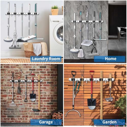2 Pack Broom Holder Wall Mount, Stainless Steel Broom Hanger Wall Mount, Heavy Duty Mop and Broom Holder Tool Racks Utility Hooks for Laundry Room Garden Garage, Black (5 Racks and 4 Hooks) - color: Black, size: 2Pack 5R4H