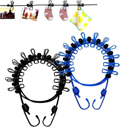 2 Pack Portable Clothesline with 12 Clothespins, Travel Clothesline Stretchy Retractable Elastic Laundry Clothes Line for Backyard, Vacation Hotel, Balcony Clothes Drying Line (Black+Blue) - style: Black+Blue
