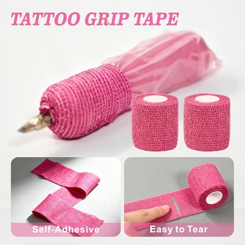 Tattoo Pen Covers 200PCS & 6 Rolls Grip Tape 2.56"x7" Pink - color: Pink