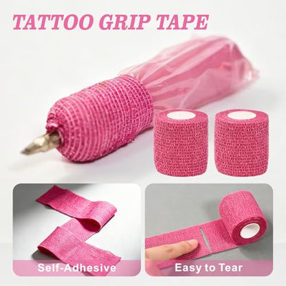 Tattoo Pen Covers 200PCS & 6 Rolls Grip Tape 2.56"x7" Pink - color: Pink