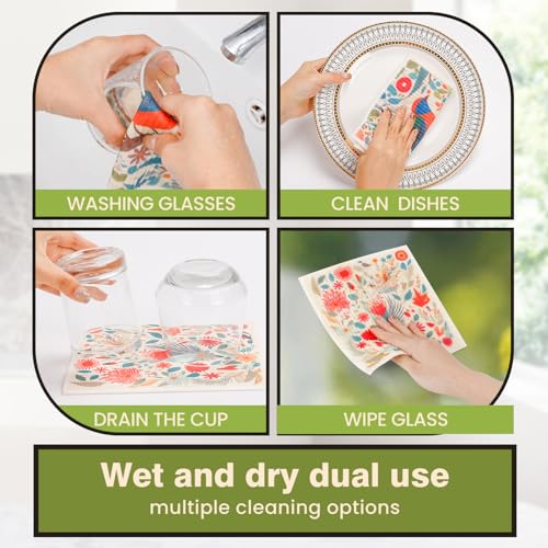 Swedish Dishcloths for Kitchen Reusable 6 Pack Kitchen Towels No Odor Quick-Drying Reusable Paper Towels Reusable Paper Towels Washable for Countertop Sink Kitchen Flower Bird - color: Bird Flower