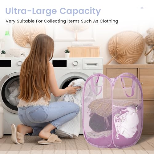 HOUSE AGAIN 2Pack Strong Mesh Pop Up Laundry Hamper, 70L Collapsible Laundry Basket with Steel Frame, Double‑Stitched Handles & Side Pocket, Foldable Dirty Clothes Hamper for Dorm, Bedroom, Light Pink - color: Light Pink, size: 2-Pack