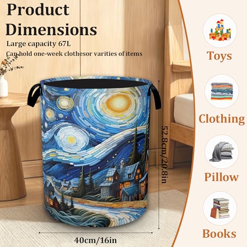 Starry Sky Oil Painting Waterproof Laundry Basket with Handles, Foldable Clothes Hamper, Large Capacity Laundry Organizer Bin for Bedroom Bathroom Dorm Room - color: Starry Village