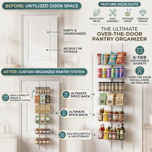 6 Tier Over the Door Pantry Organizer, Foldable Metal Over the Door Hanging Spice Rack with 6 Baskets, Adjustable No Drill Hanging Storage Rack for Kitchen, Bedroom, Laundry, Bathroom, White - color: White, size: 6-Tier