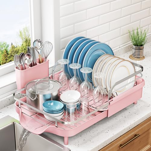 SNTD Expandable Dish Drying Rack for Kitchen Counter, 15.2-22.1 in, Pink - color: Pink