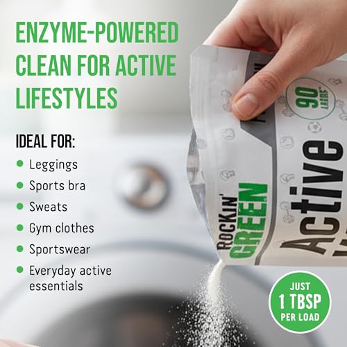 Rockin' Green Active Wear Laundry Detergent Powder & Odor Eliminator for Sportswear & Workout Clothes, Plant-Based Enzymes Target Sweat & Odor, Dermatologist Tested, Unscented, 90 Loads - size: 90 Loads