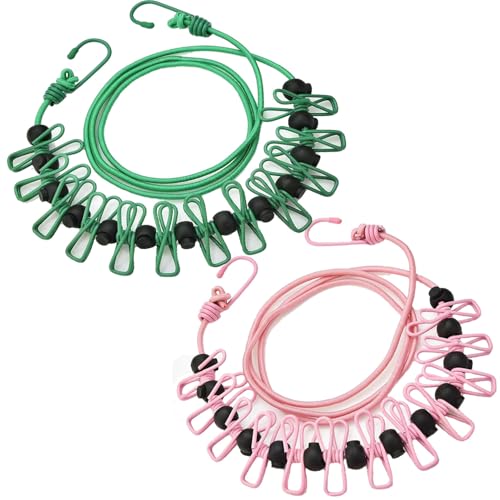 2 Pack Portable Travel Clothesline ，Retractable Portable Clothesline for Travel，Clothing line with 12 Clothes Clips，for Home, Travel and Outdoor Hanging Clothes Clothesline Chip Clips (Pink+Green) - color: Pink+green