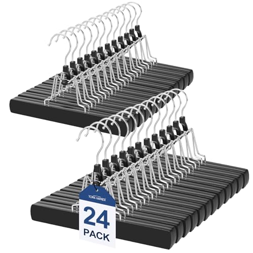 TOPIA HANGER 24 Pack Wooden Pants Hangers, Hair Extension Hangers Non Slip Skirt Hanger Wood Clamp with Velvet Padded 360° Swivel Hook for Jeans, Skirts, Trousers, Wigs Black CT68B - color: Black, size: 24 Pack