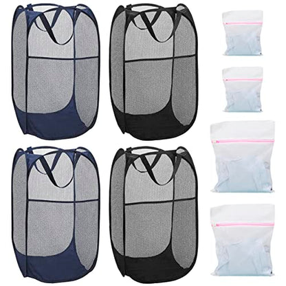 4 Pcs Mesh Pop Up Laundry Hamper with Carry Handles 4 Wash Bags - color: 2 Black+2 Navy Blue