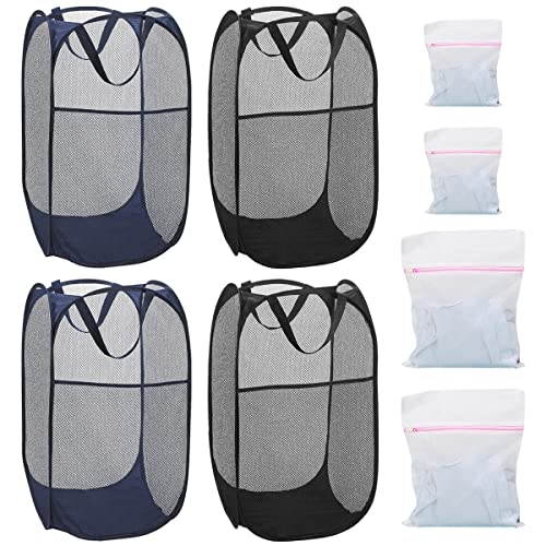 4 Pcs Mesh Pop Up Laundry Hamper with Carry Handles 4 Wash Bags - color: 2 Black+2 Navy Blue