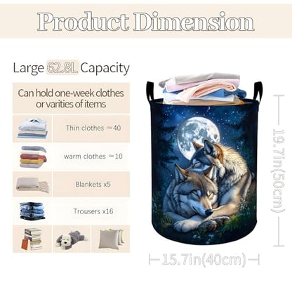 Romantic Wolf Moonlit Night Laundry Basket 19.7"x15.7", Collapsible Dirty Clothes Waterproof Laundry Hamper Organizer Storage Bin for Dorm Bedroom Bathroom Decor - style: Wolf05
